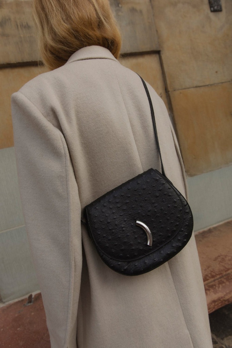 Black Little Liffner Maccheroni Ostrich Embossed Women's Saddle Bags | VMAZHP-047